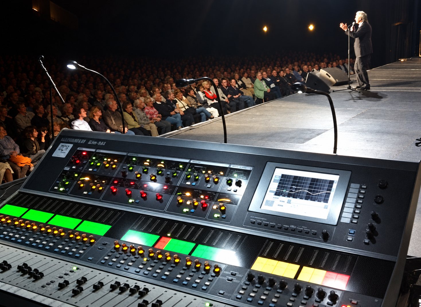 Une console de mixage son éclairée au premier plan, face à une scène où une personne parle au micro devant un public assis dans l'obscurité.
