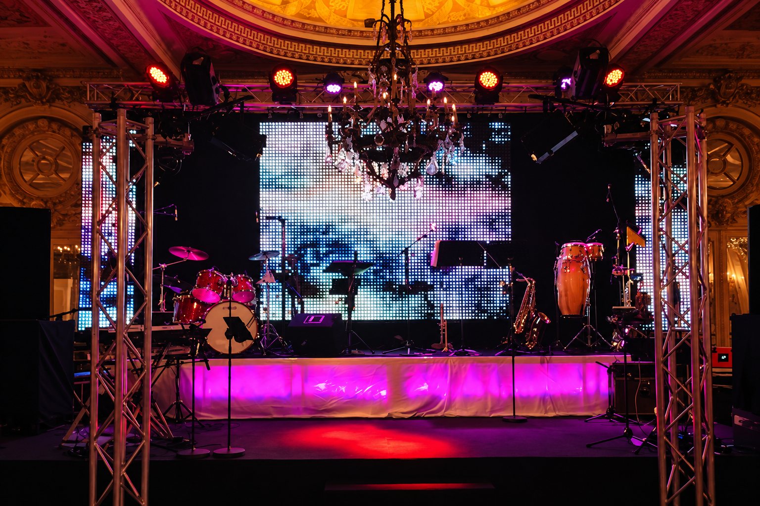Une scène de salle de réception avec batterie, congas et saxophone devant un grand écran LED, sous un lustre et des projecteurs, avec un devant de scène illuminé en rose.